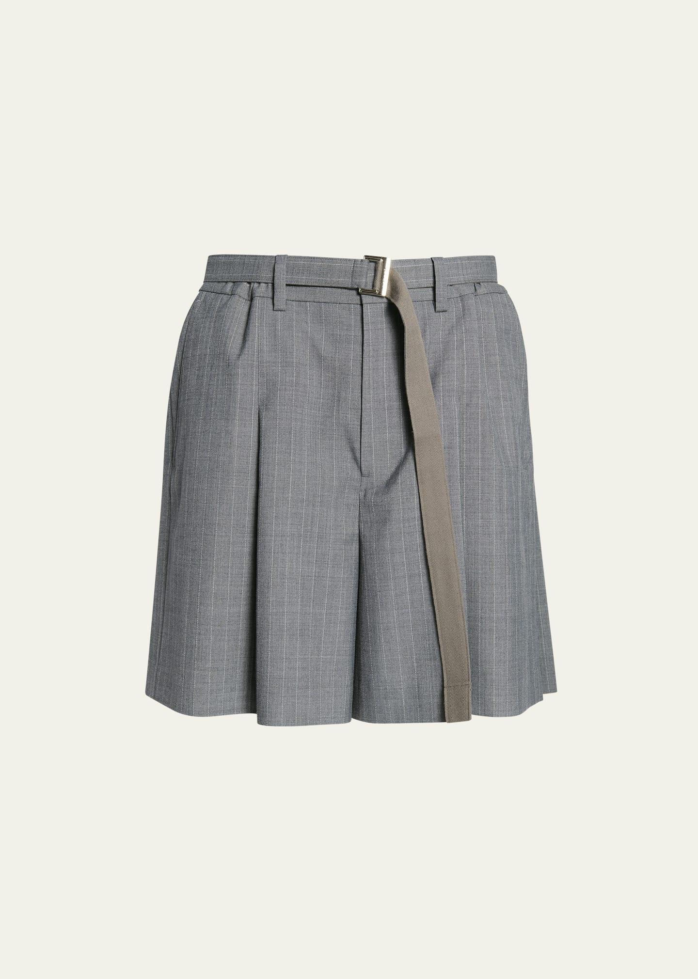 Mens Pinstripe Pleated-Back Belted Shorts Product Image