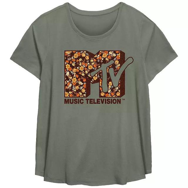 Plus Size MTV Autumn Flowers Print Logo Flowy Graphic Tee, Womens Green Product Image