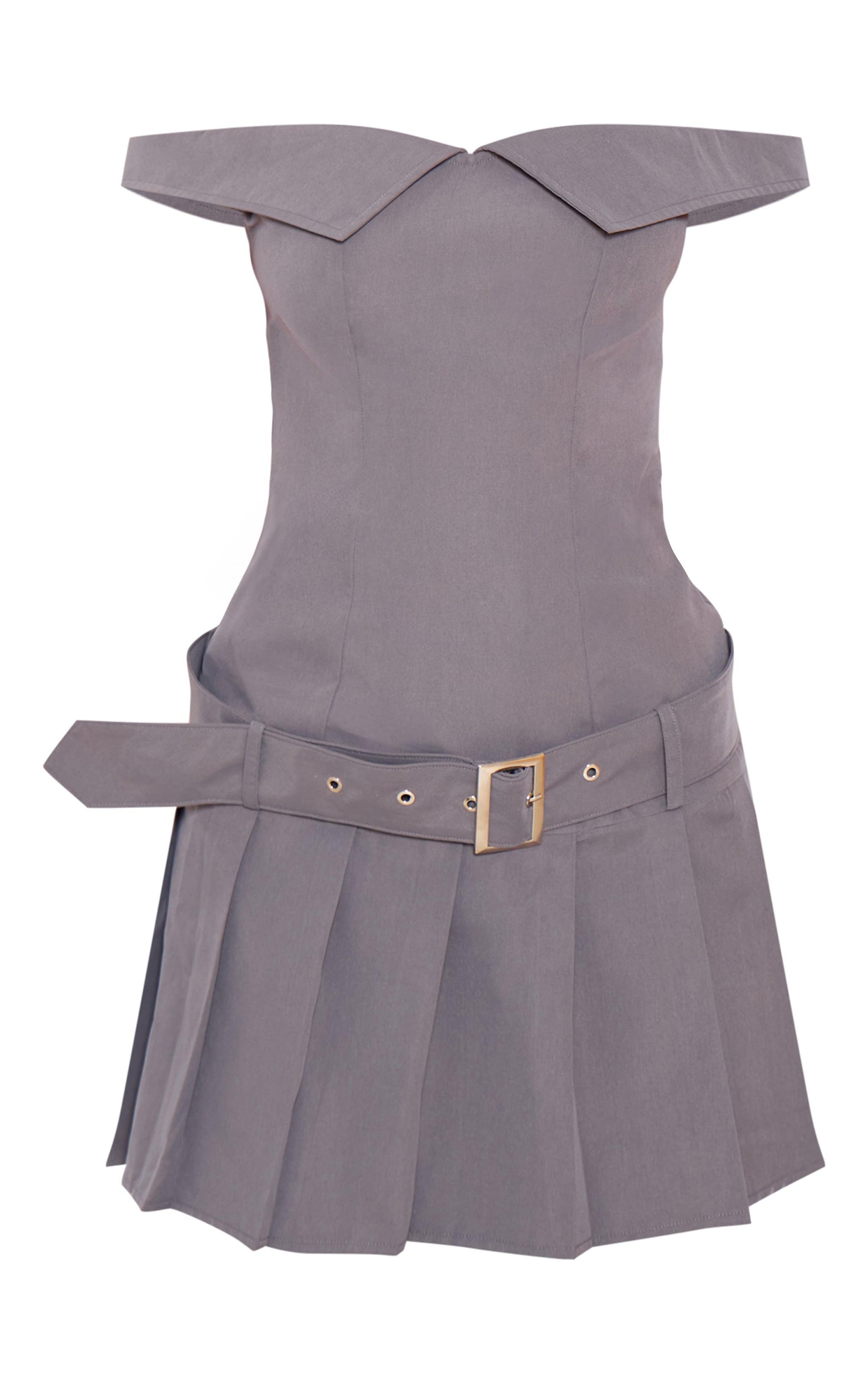 Grey Bardot Belted Pleated Shift Dress Product Image