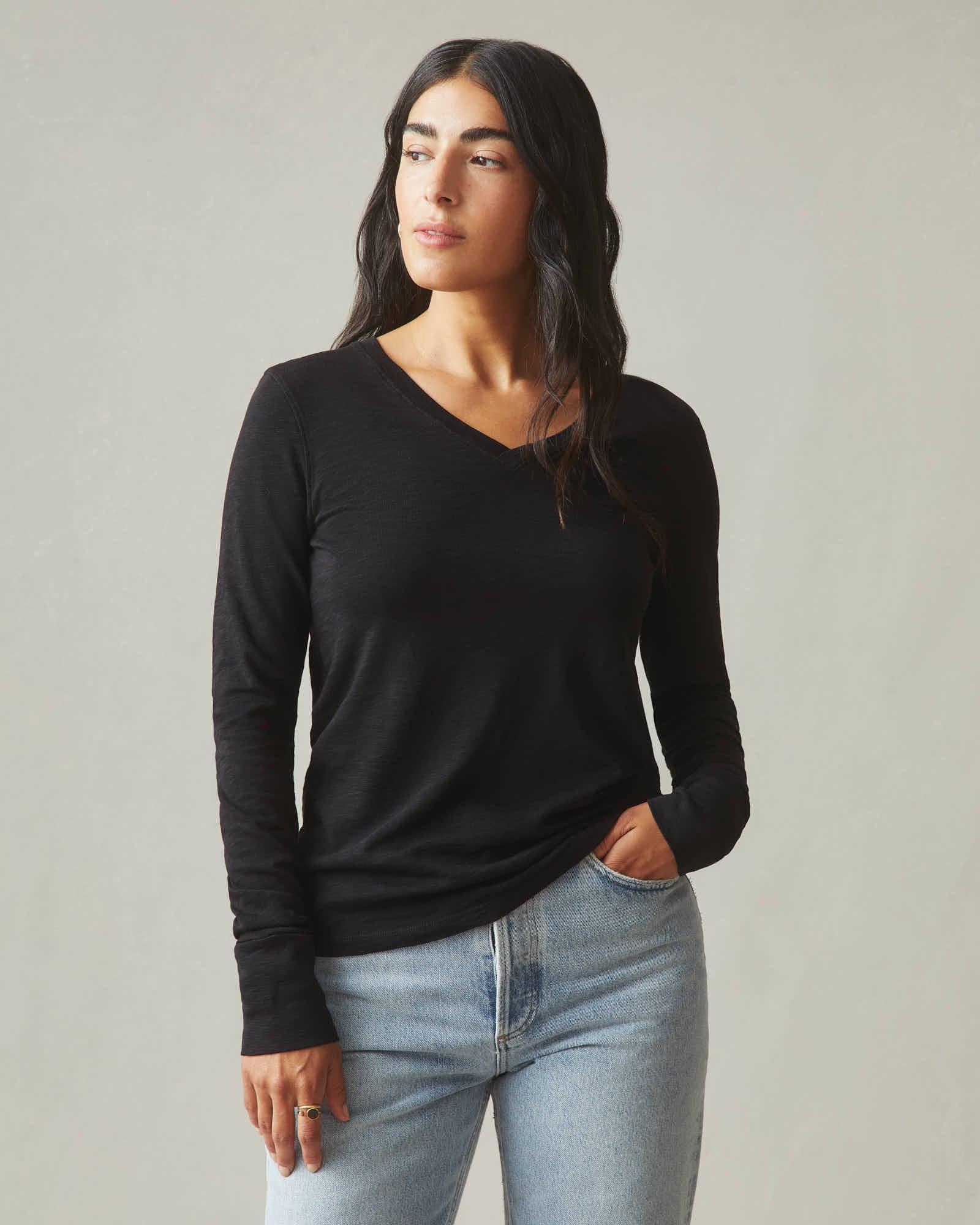 Premium Slub V-Neck Tee Long Sleeve - Black Female Product Image