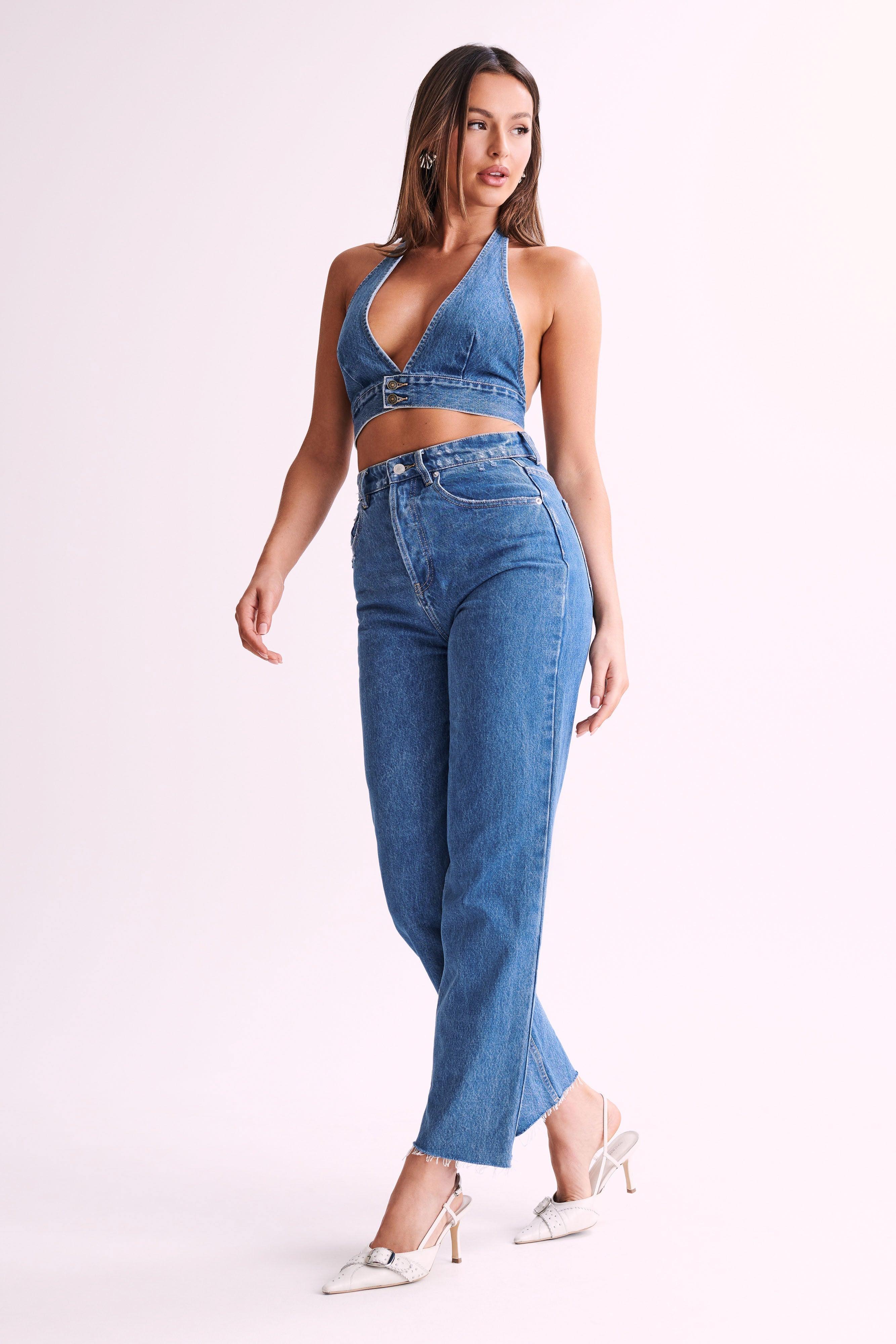 Kelly-Anne Denim Halter Top - 70'S Blue Product Image