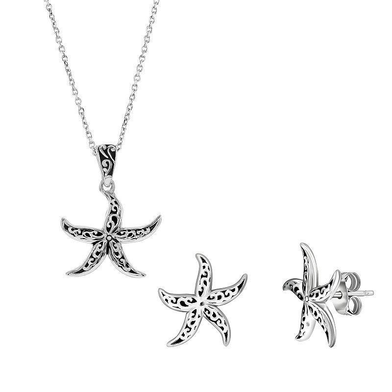 Argento Bella Sterling Silver Oxidized Starfish Earrings & Necklace Set, Womens Product Image