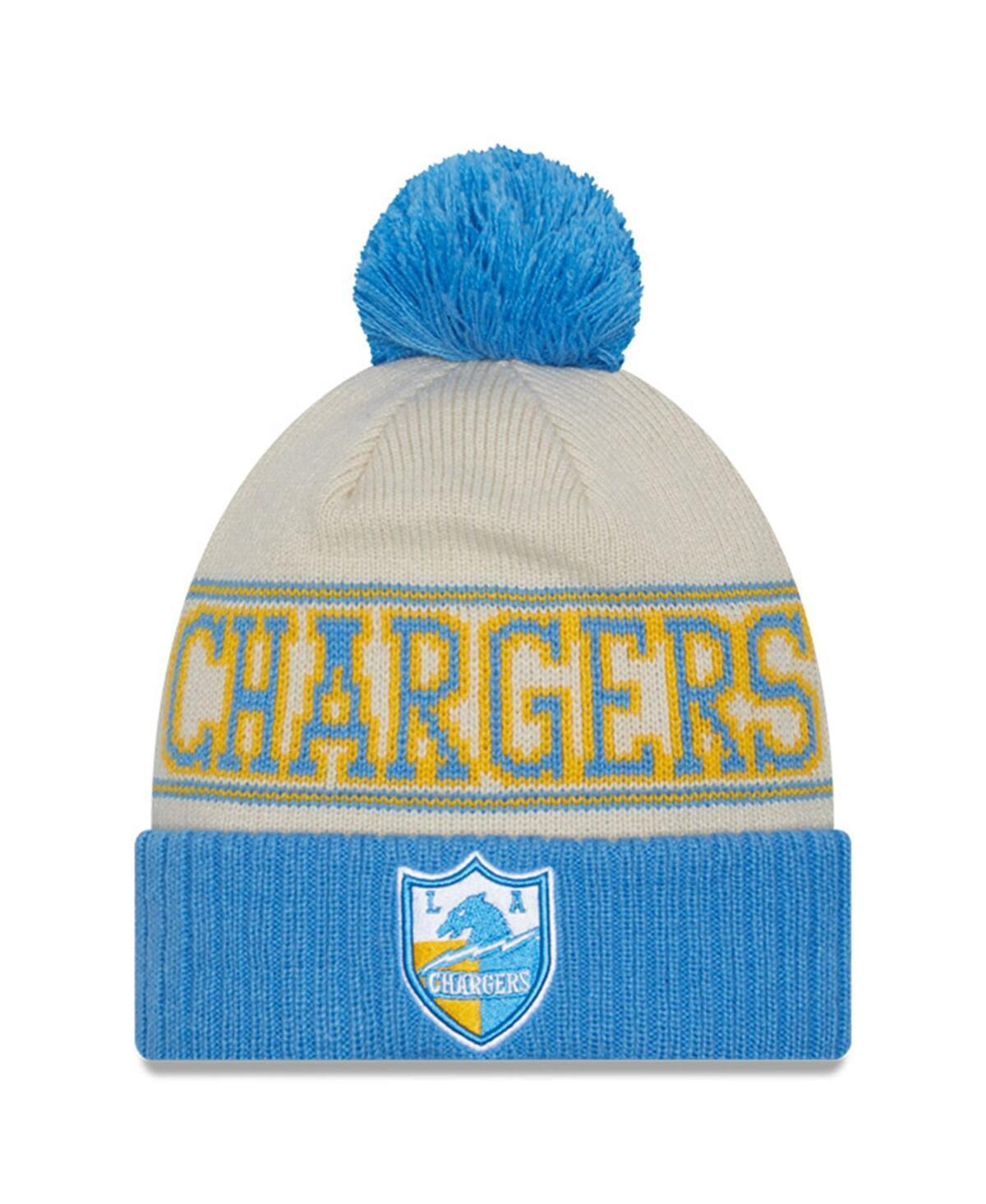 Mens New Era Powder Cream Los Angeles Chargers 2023 Sideline Historic Pom Cuffed Knit Hat - Cream Product Image