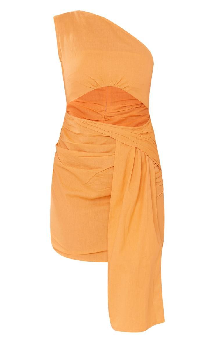 Orange Linen Look One Shoulder Cut Out Drape Bodycon Dress Product Image