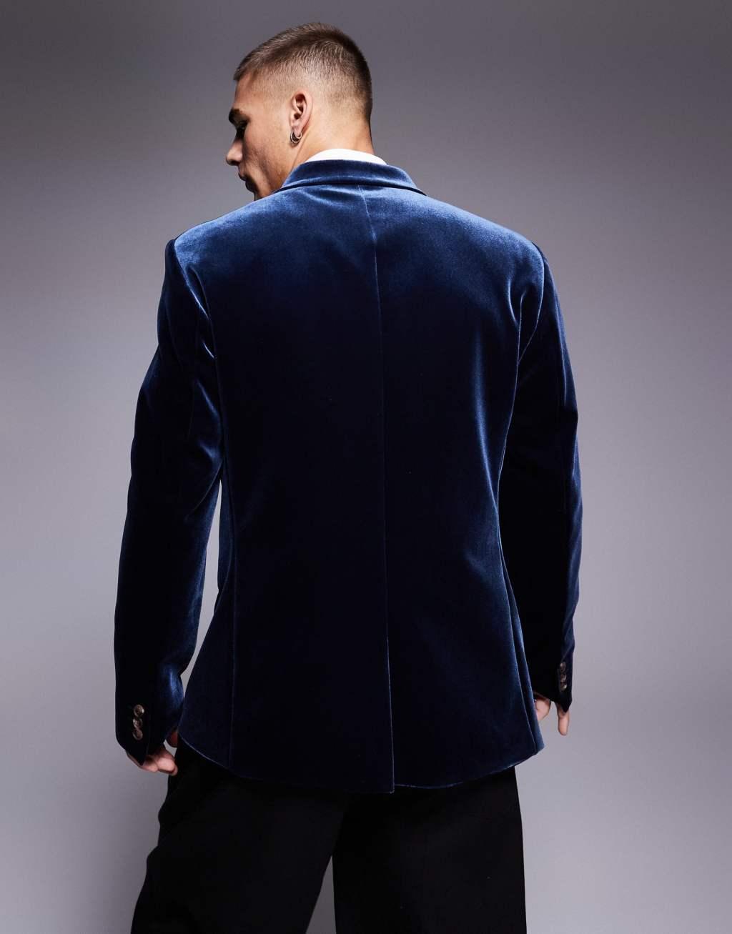  ASOS DESIGN slim fit velvet blazer in navy Product Image