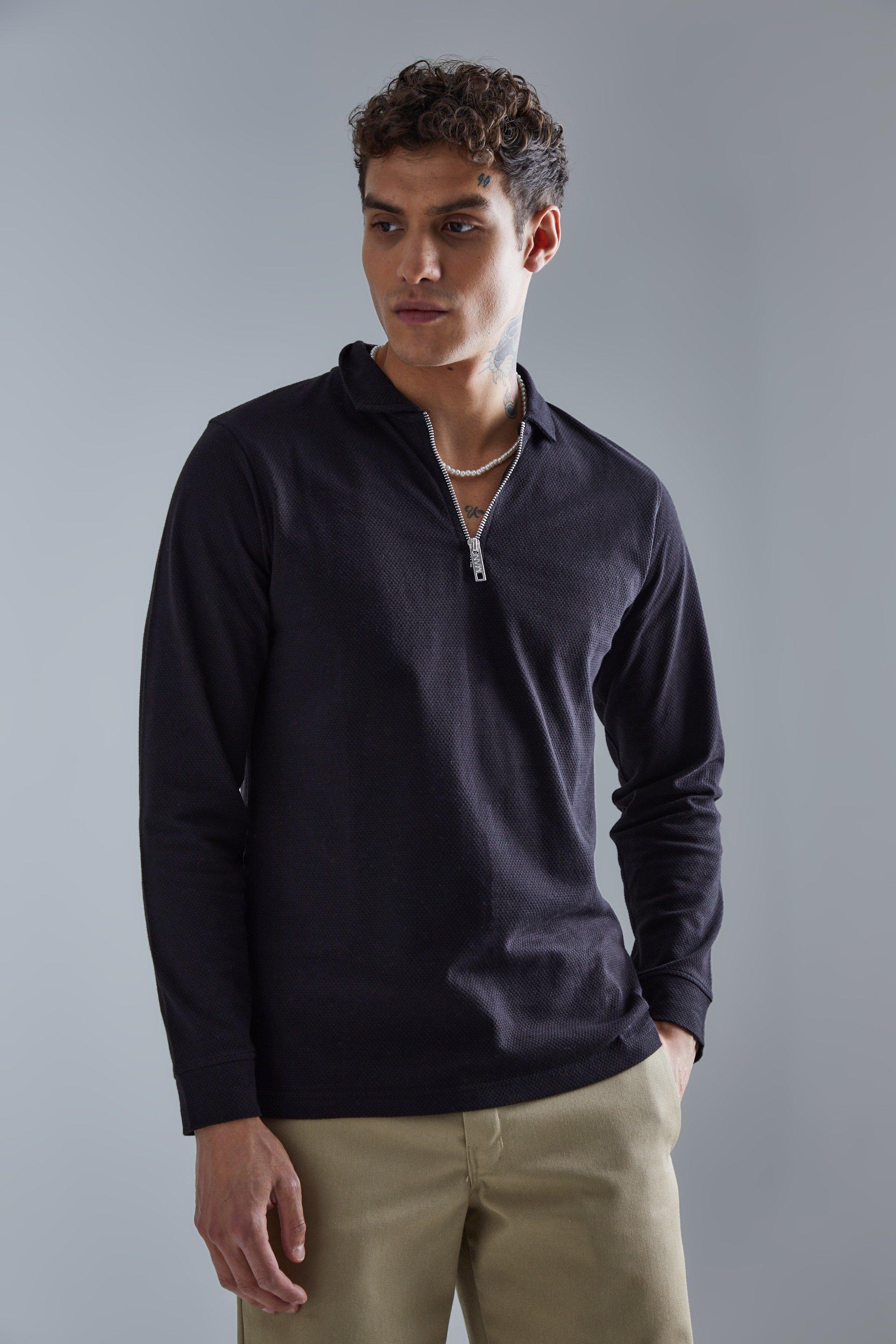 Slim Popcorn Waffle 1/4 Zip Long Sleeved Polo | boohooMAN USA Product Image