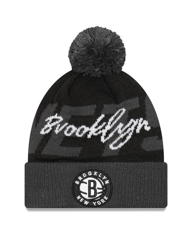 Mens New Era Black Brooklyn Nets Confident Cuffed Knit Hat with Pom - Black Product Image