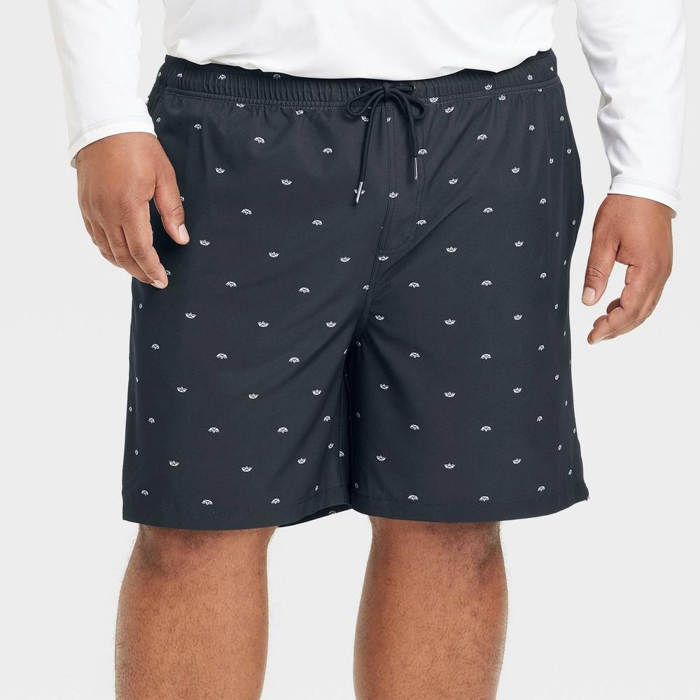 Mens Big & Tall 7 Boat Print Elevated Elastic Waist Swim Shorts with Boxer Brief Liner - Goodfellow & Co Black 3XL Product Image