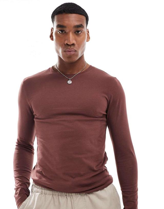 ASOS DESIGN essential muscle fit long sleeve T-shirt in brown Product Image