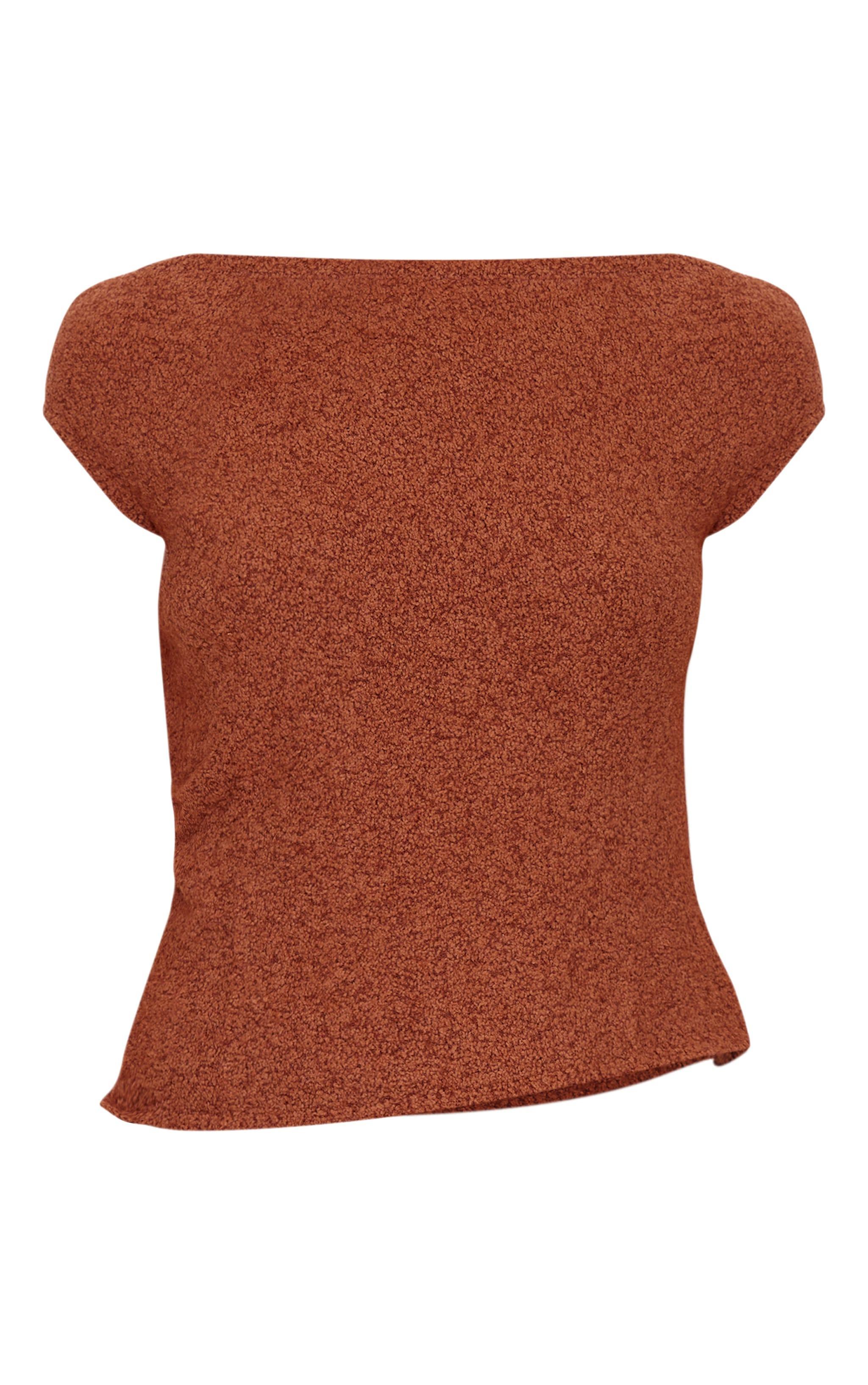 Mocha Fluffy Boucle Knit Asymmetric Ruched Shoulder Top Product Image