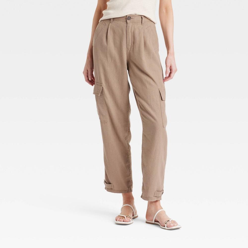 Womens High-Rise Straight Leg Linen Cargo Pants - A New Day Brown 0 Product Image