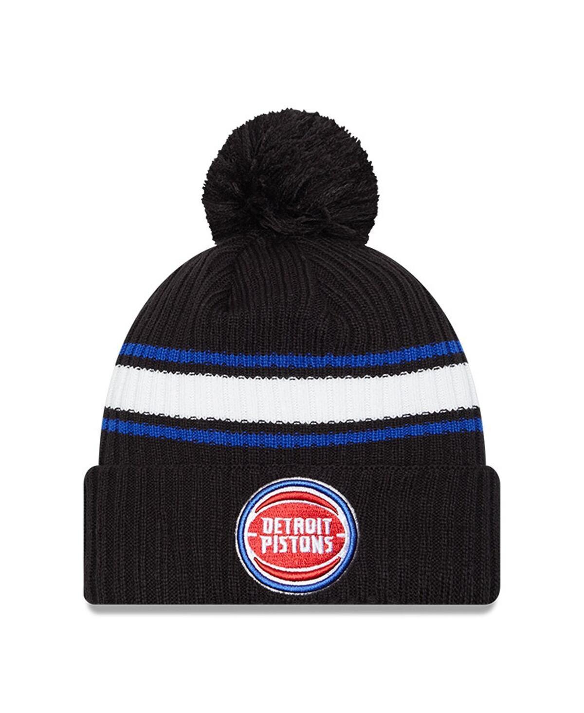 Mens New Era Black Detroit Pistons White Stripe Cuffed Pom Knit Hat Product Image