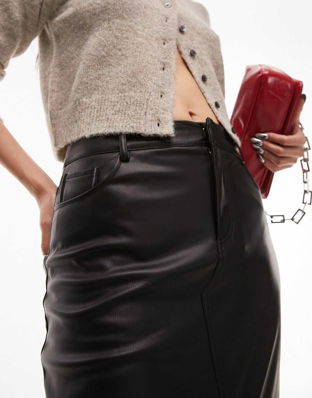 Topshop leather look denim styled maxi skirt in black Product Image