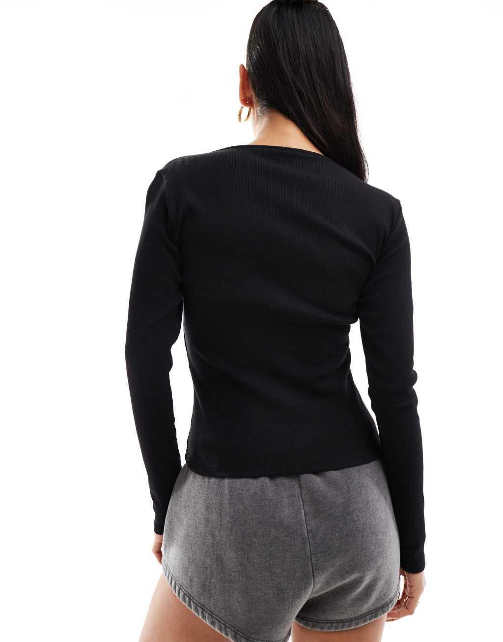 JDY long sleeve ribbed square neck top in black Product Image