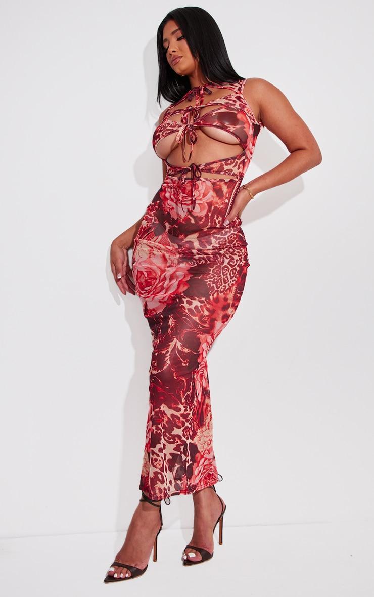  Shape Pink Printed Mesh Sleeveless Tie Front Cut Out Maxi Dress Product Image