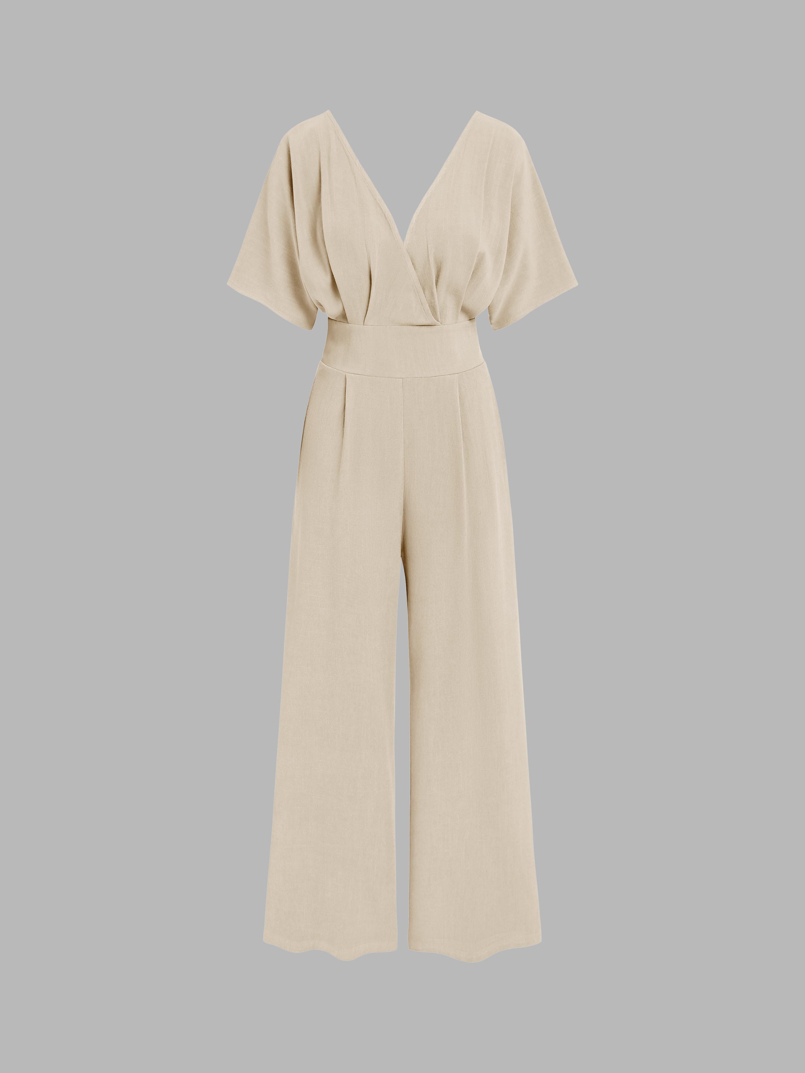 Linen-blend V-neck Solid Corset Middle Sleeve Pocket Jumpsuit Product Image