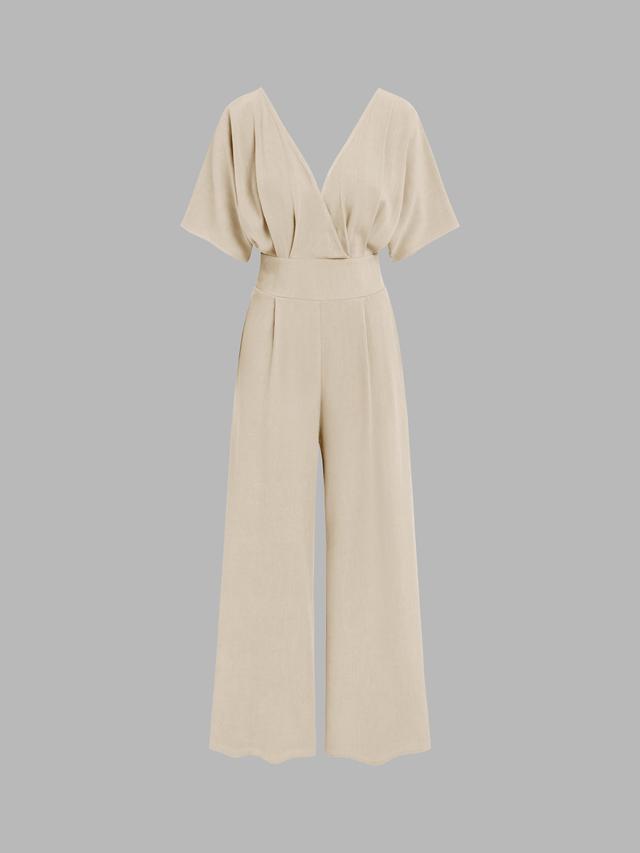 Linen-blend V-neck Solid Corset Middle Sleeve Pocket Jumpsuit Product Image