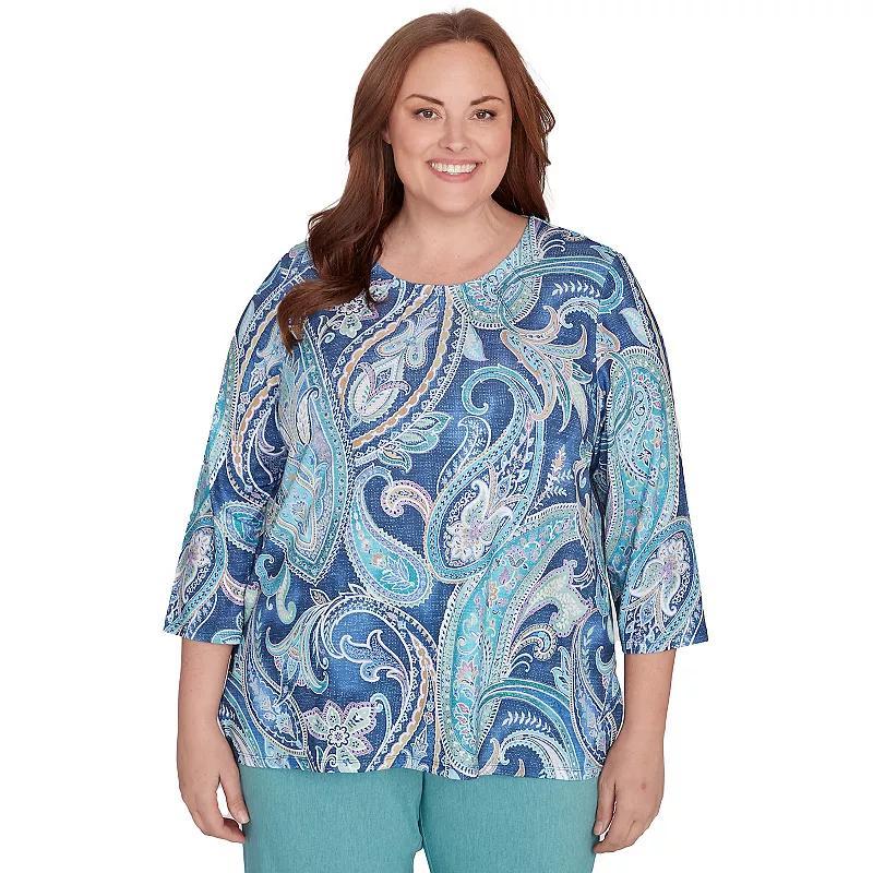 Plus Size Alfred Dunner Paisley Pleated Neck Top, Womens Blue Product Image