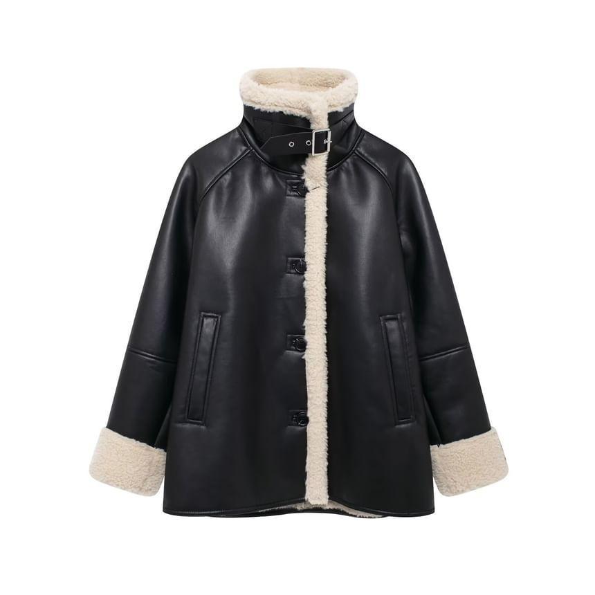 Stand Collar Faux Leather Fleece Trim Coat Product Image