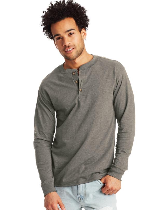 Hanes Beefy-T Mens Long Sleeve Henley Burnt Brick 2XL Product Image