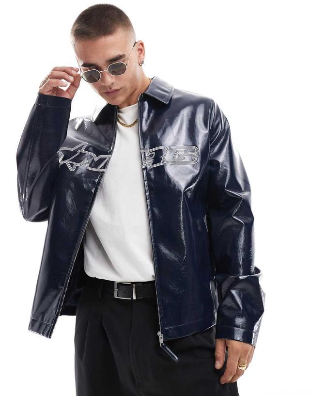 ASOS DESIGN faux leather hi-shine harrington jacket with embroidery in navy Product Image