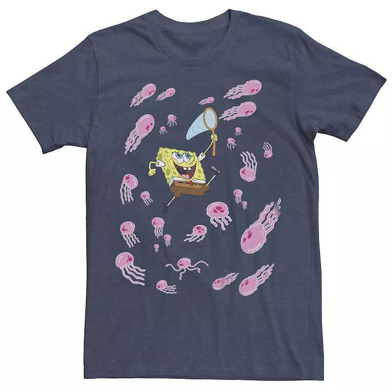 Mens SpongeBob SquarePants Playing With Jellyfish Graphic Tee Navy Grey Product Image