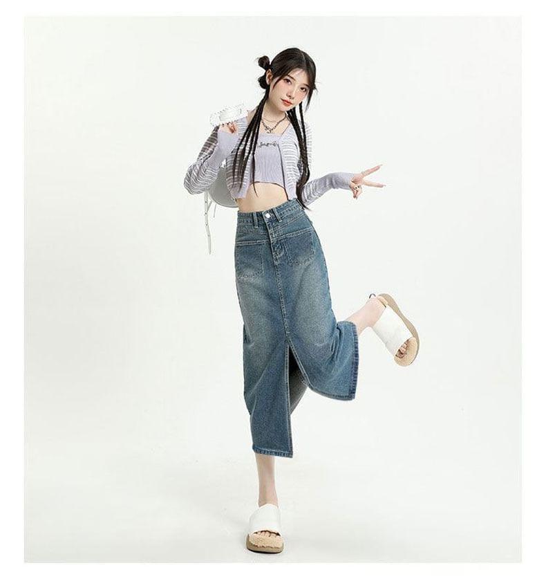 High Waist Front-Slit Denim Midi H-Line Skirt Product Image