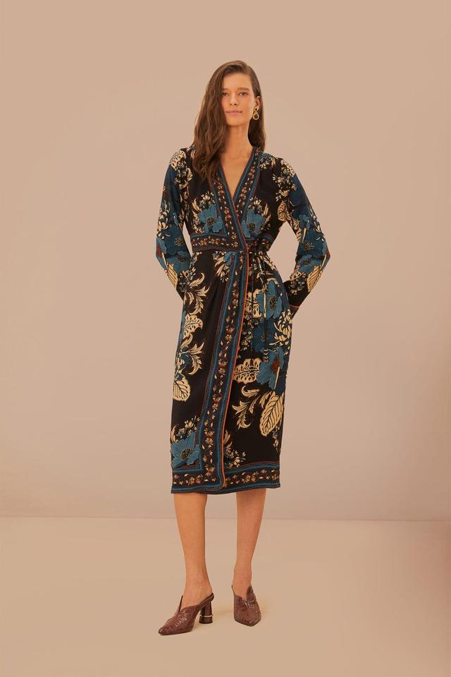 Black Blossom Tapestry LENZING™ ECOVERO™ Viscose Midi Wrap Dress Product Image