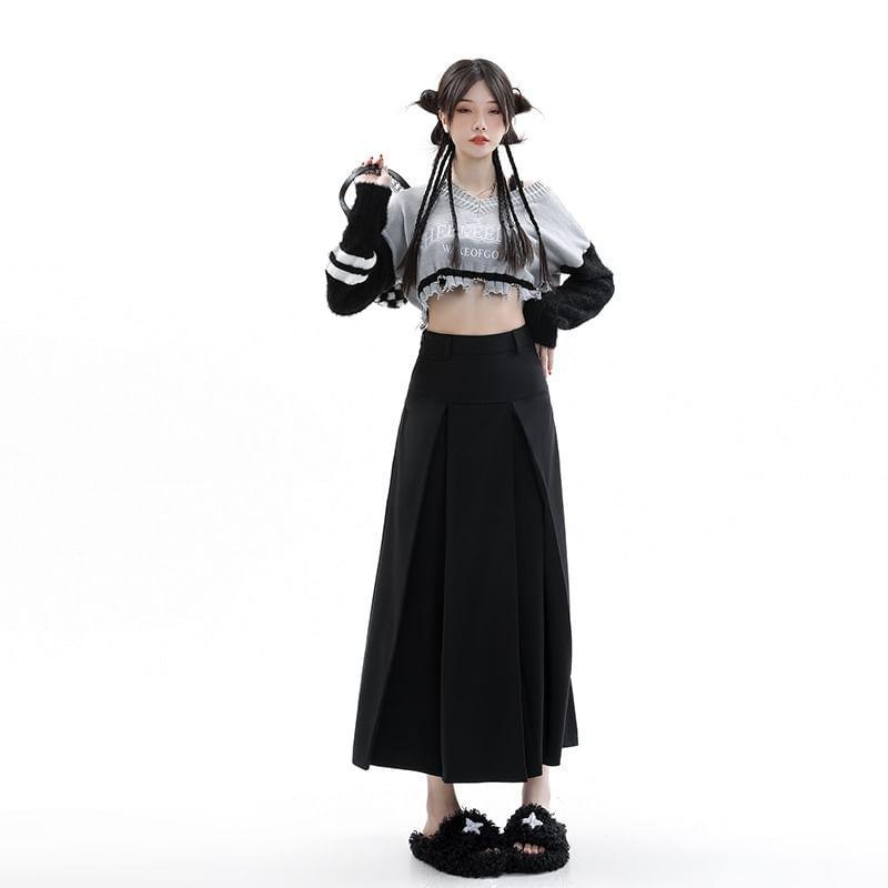 High Rise Plain Midi Pleated A-Line Suit Skirt Product Image