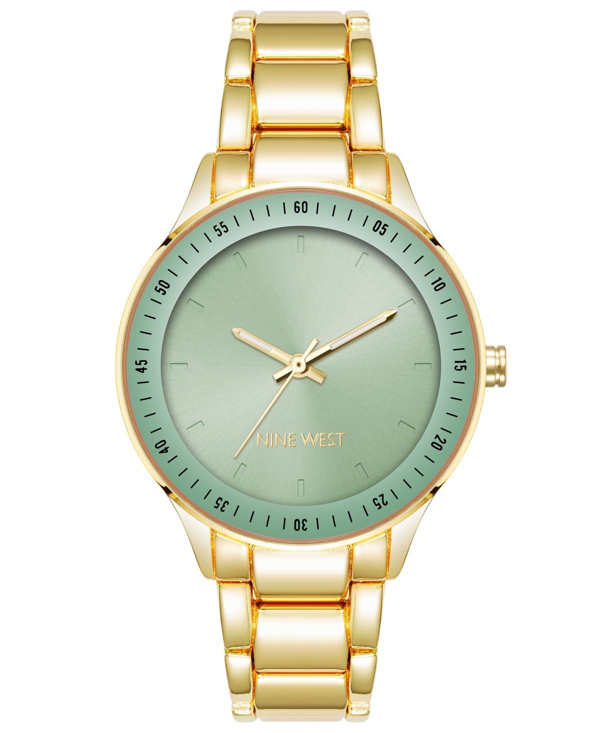 Nine West Womens Quartz Gold-Tone Alloy Link Bracelet with Green Watch, 35mm - Green Product Image