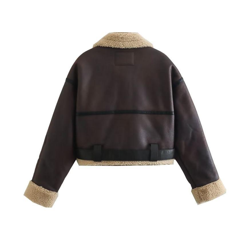 Collared Fleece Trim Faux Leather Zip Jacket Product Image