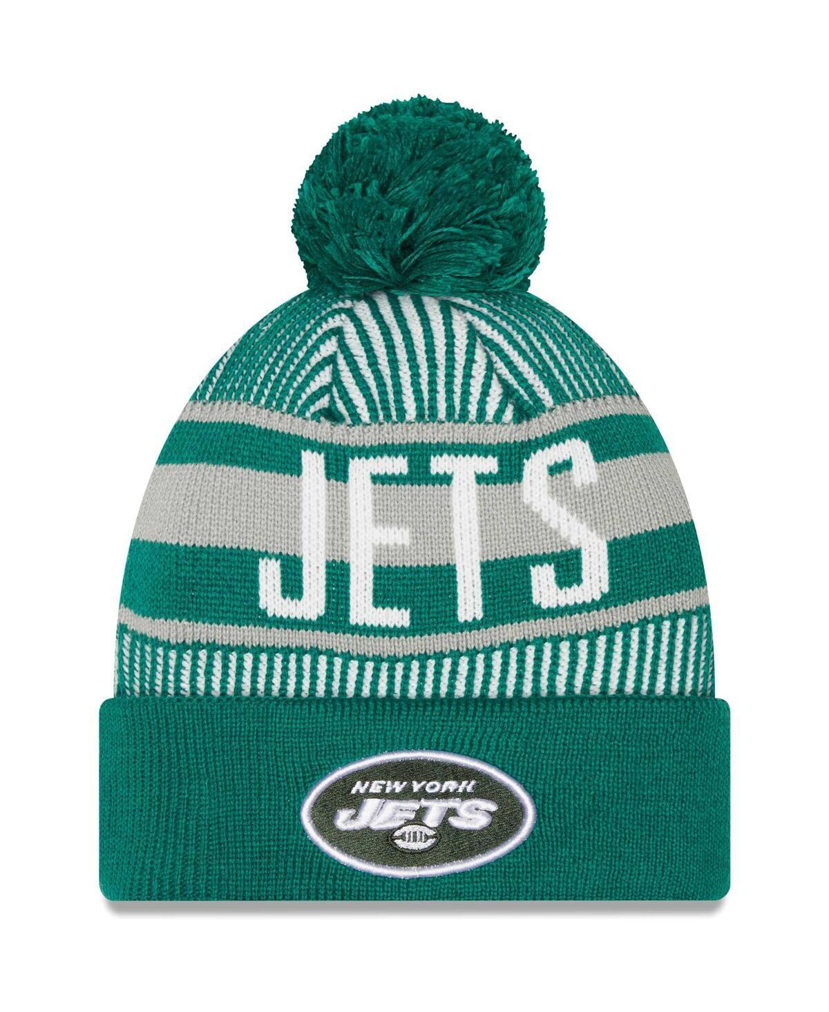 Mens New Era Green New York Jets Striped Cuffed Knit Hat with Pom Product Image