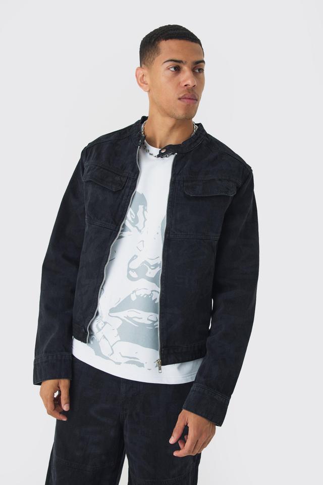 Mens Black Slim Boxy Denim Graffiti Laser Print Biker Jacket, Black Product Image