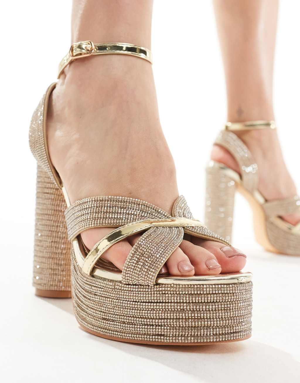 Azalea Wang Kinslee embellished platform heeled sandals in gold Product Image