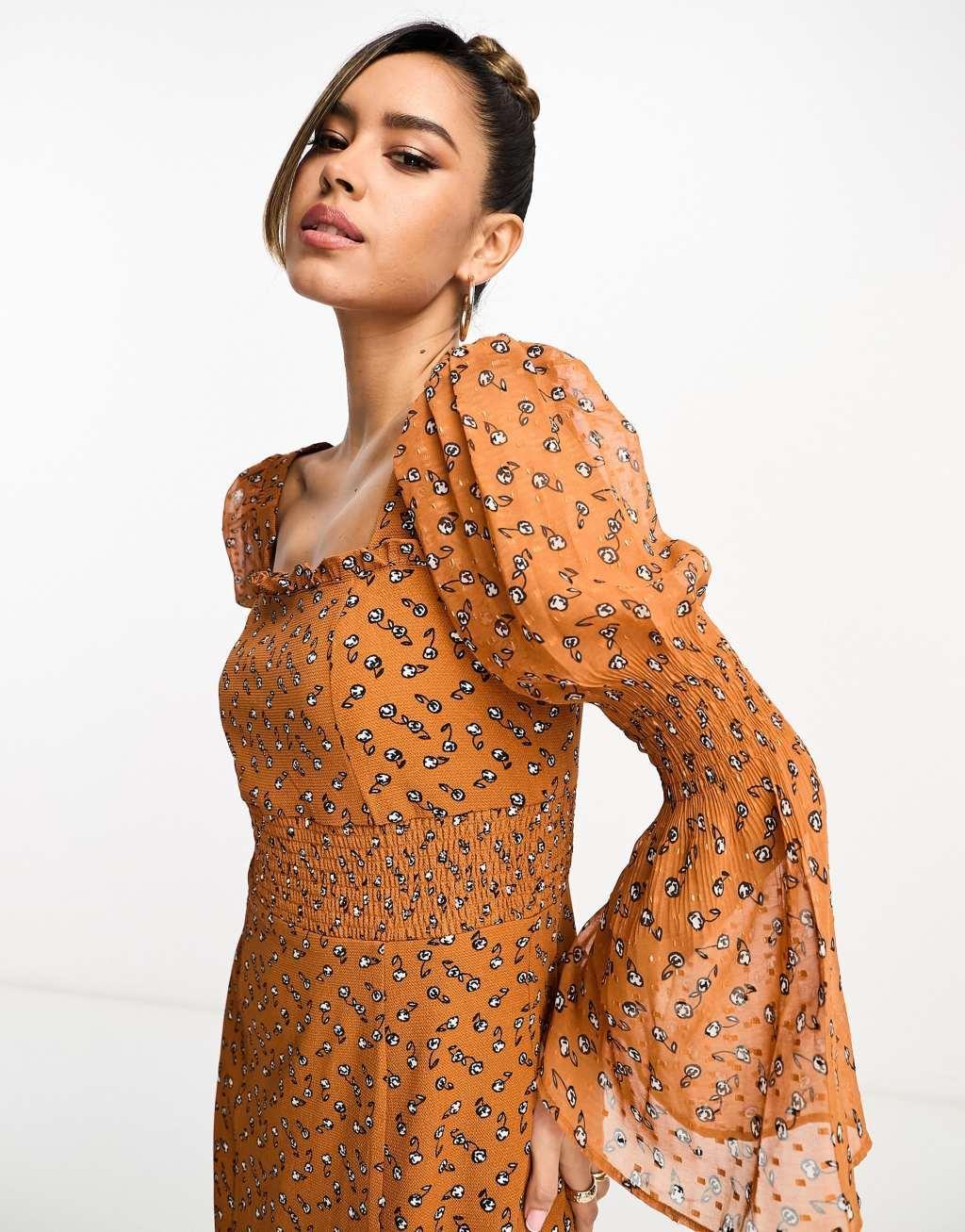 French Connection long sleeve maxi dress in brown floral Product Image