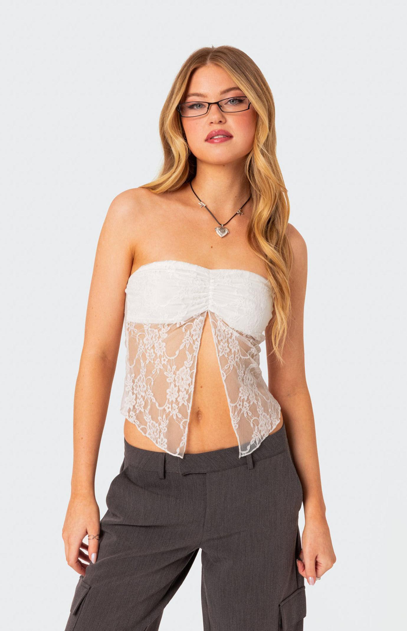 Edikted Women's Twilight Sheer Lace Split Front Top Product Image