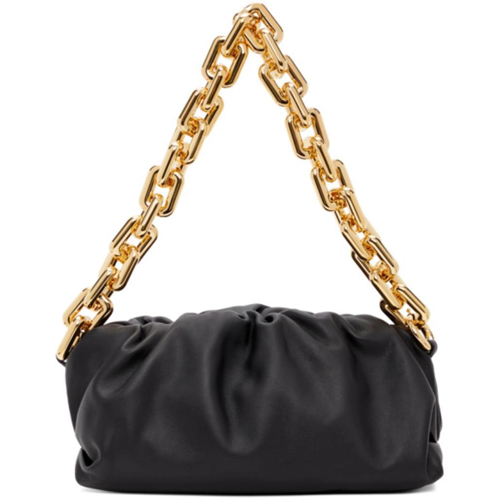 BOTTEGA VENETA The Chain Pouch Gathered Leather Clutch In Black Gold Product Image