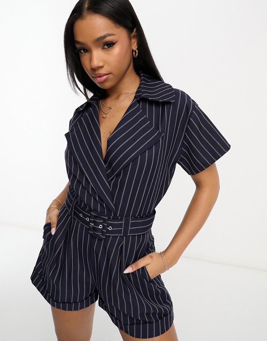 ASOS DESIGN tailored short sleeve belted romper in pinstripe product image