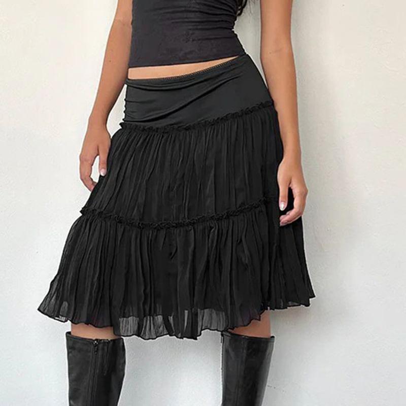 Low Rise Plain Mesh Panel Ruched Midi A-Line Skirt Product Image