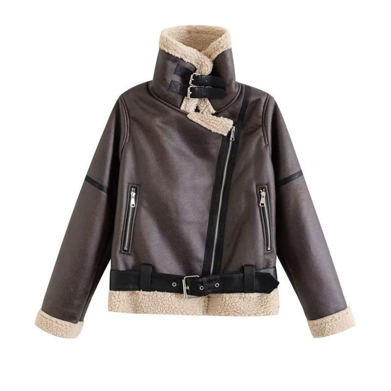 Fleece-Lined Faux Leather Belted Zip Biker Jacket Product Image