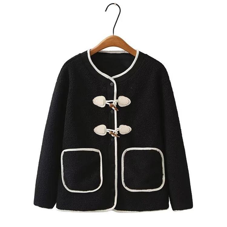 Plus Size Contrast Trim Fleece Toggle Jacket Product Image