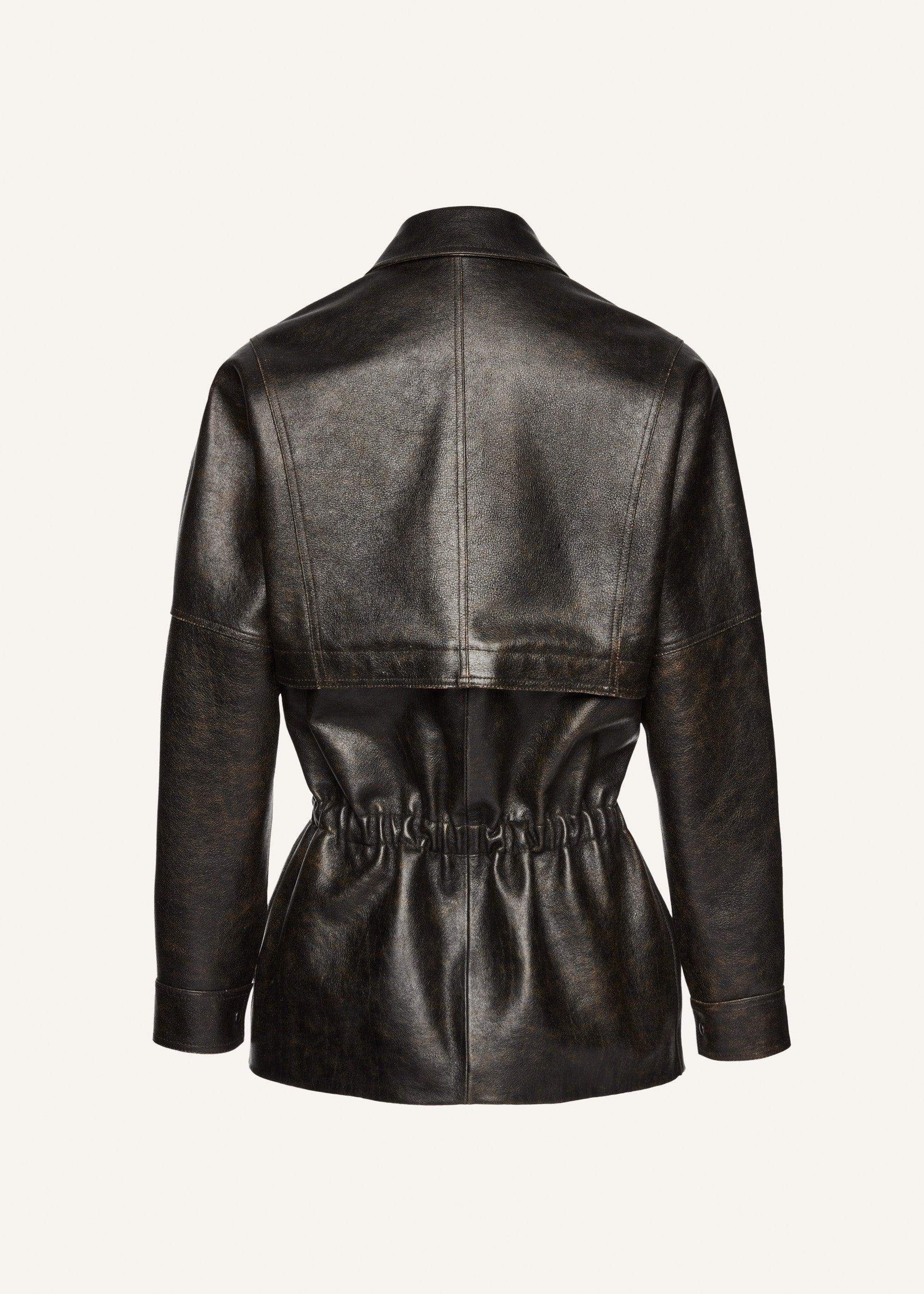 Cinched leather jacket in brown Product Image