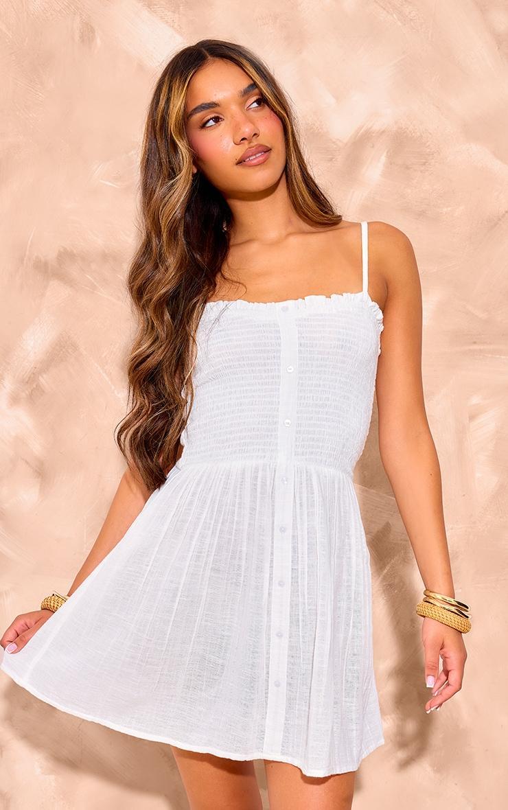 Cream Shirred Button Up Strappy Shift Dress Product Image