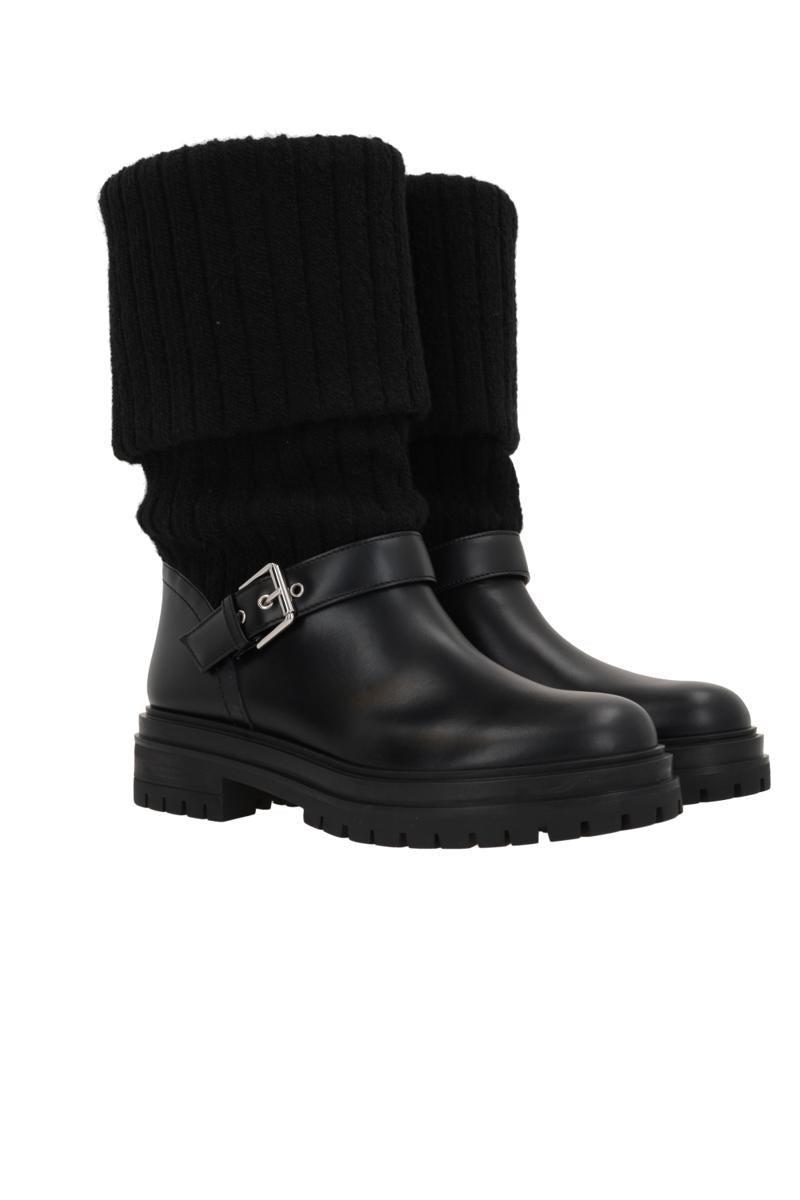 Leather Knit Collar Moto Boots In Black+black Product Image