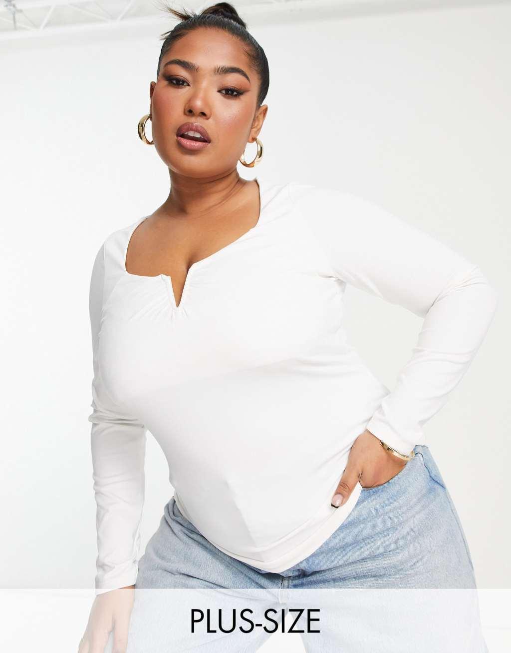 New Look Curve notch neck long sleeve top in white product image