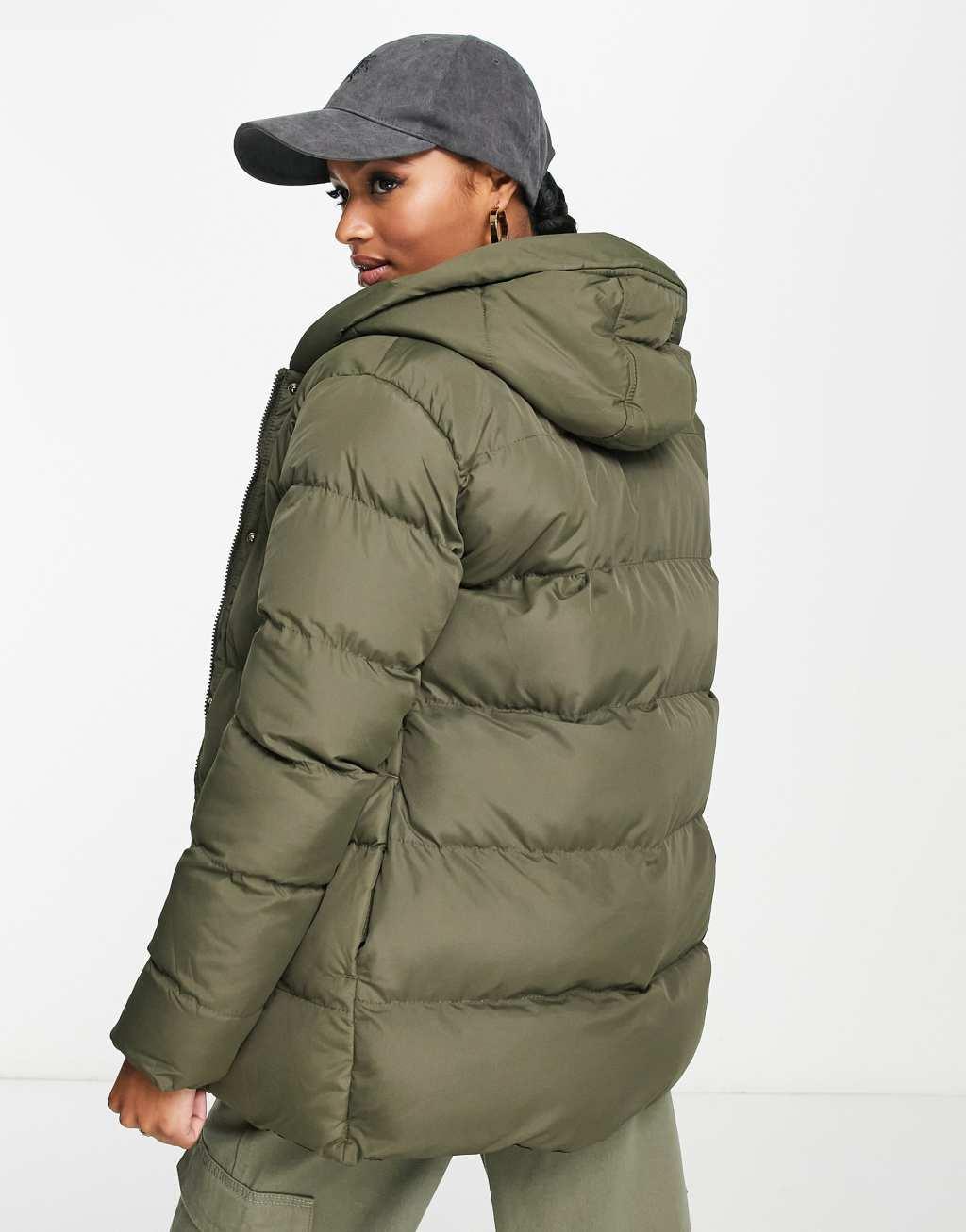 Threadbare Petite Hayley mid length puffer jacket in khaki Product Image