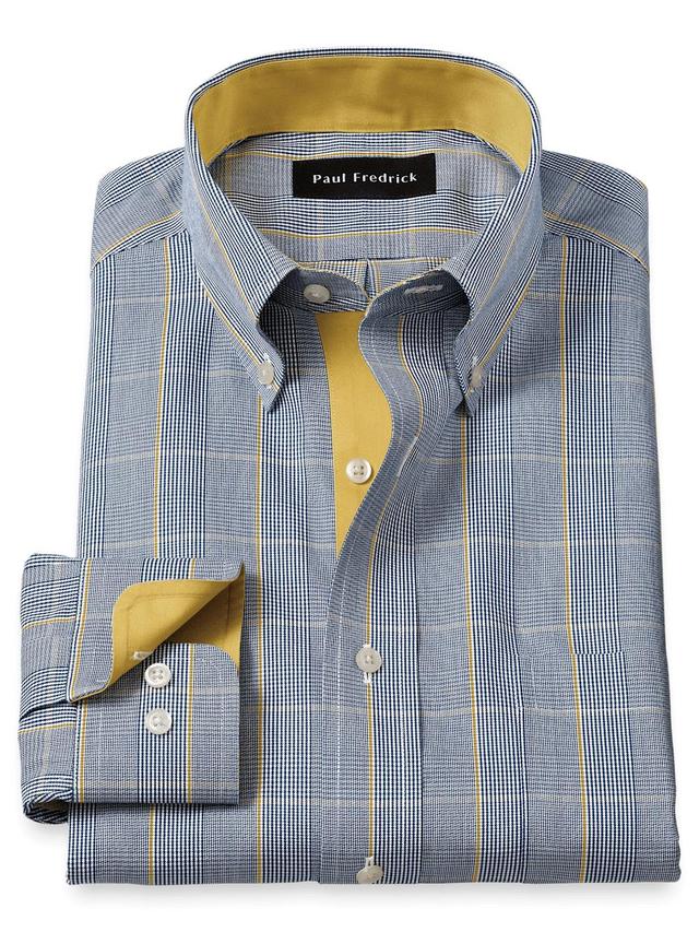 Non-Iron Cotton Glen Plaid Dress Shirt With Contrast Trim - Navy/gold Product Image