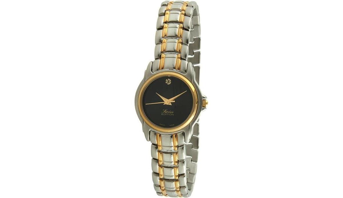 Swiss Edition Womens Two-Tone Bracelet Dress Watch with Gold Plated Bezel and Black Dial Product Image