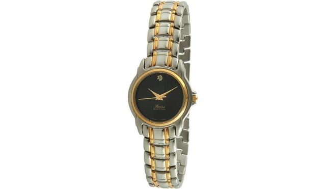 Swiss Edition Womens Two-Tone Bracelet Dress Watch with Gold Plated Bezel and Black Dial - Silver Product Image