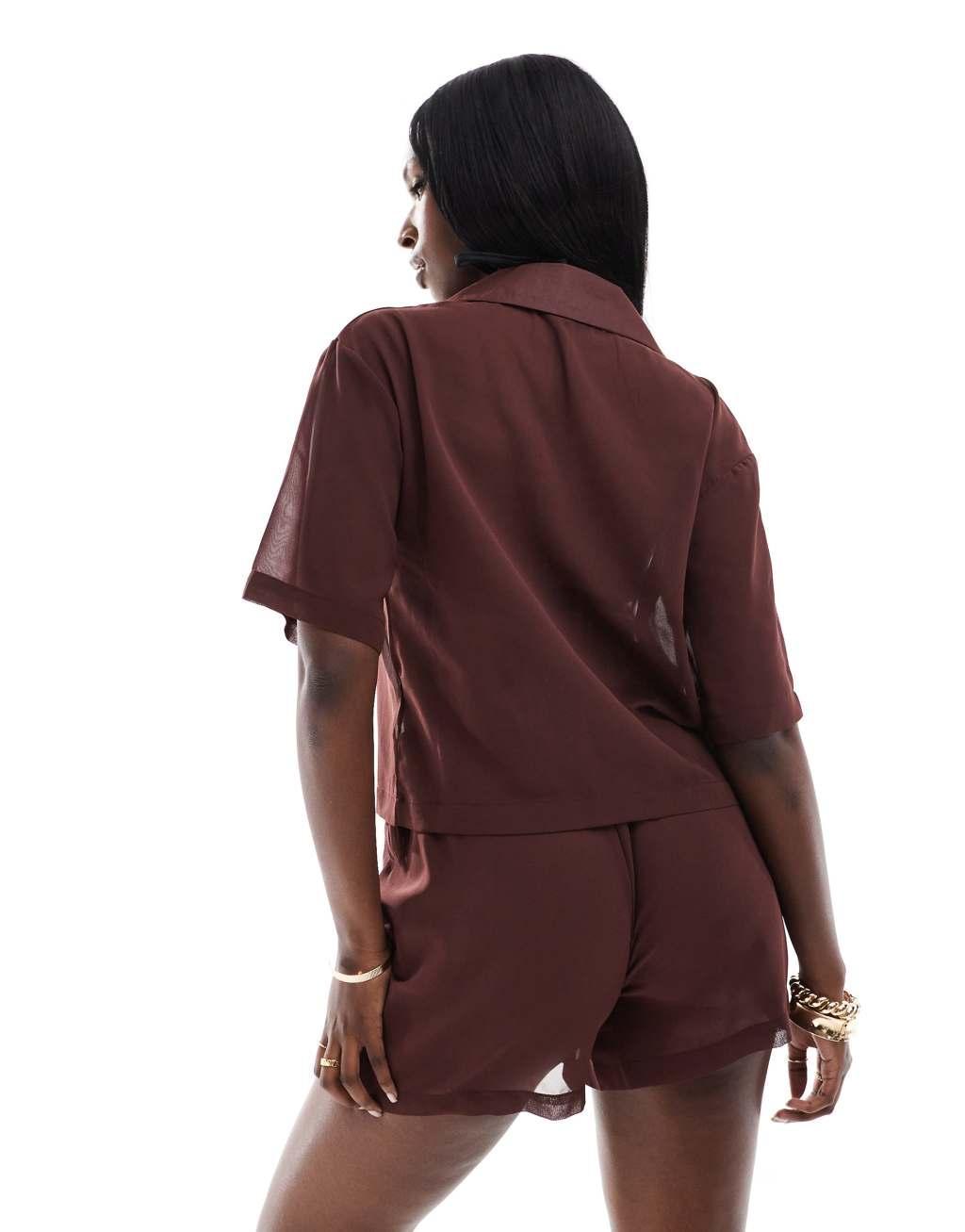 Threadbare beach cover up shirt & shorts set in chocolate brown Product Image